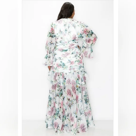 Floral two piece set, long puff sleeve top, and flowy maxi skirt. - Picture 2 of 9